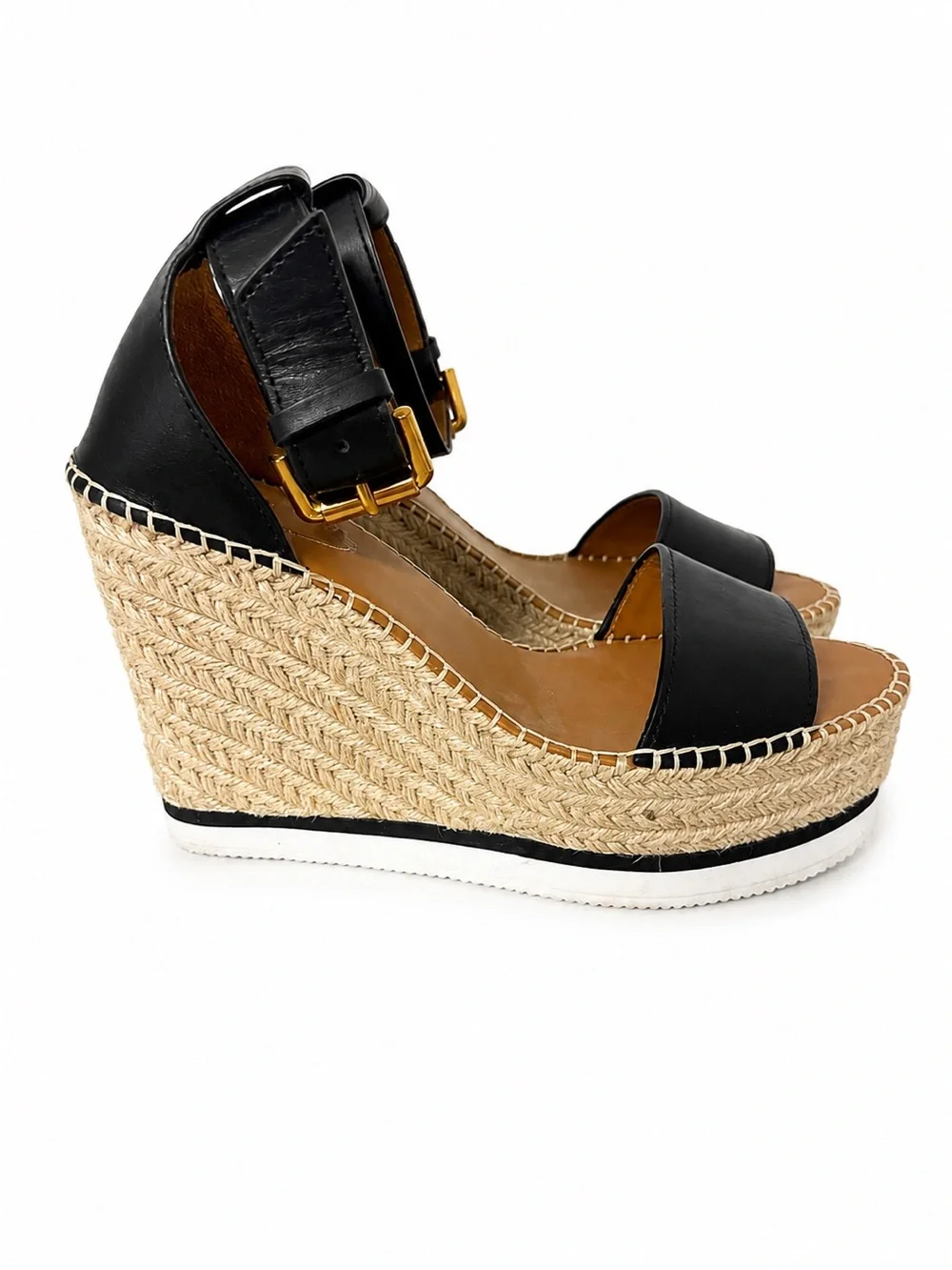 See By Chloé Glyn Black Leather Espadrille Wedge Sandals Size 8 / 38